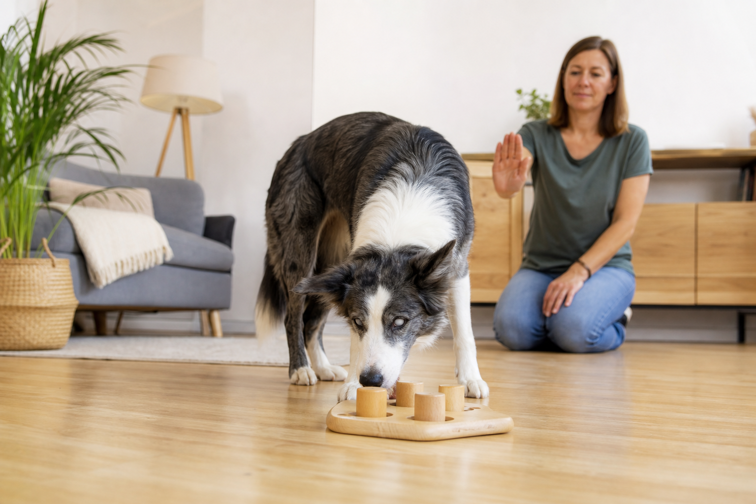Alltagsszene: Blinder Hund orientiert sich in einer ruhigen Wohnung.