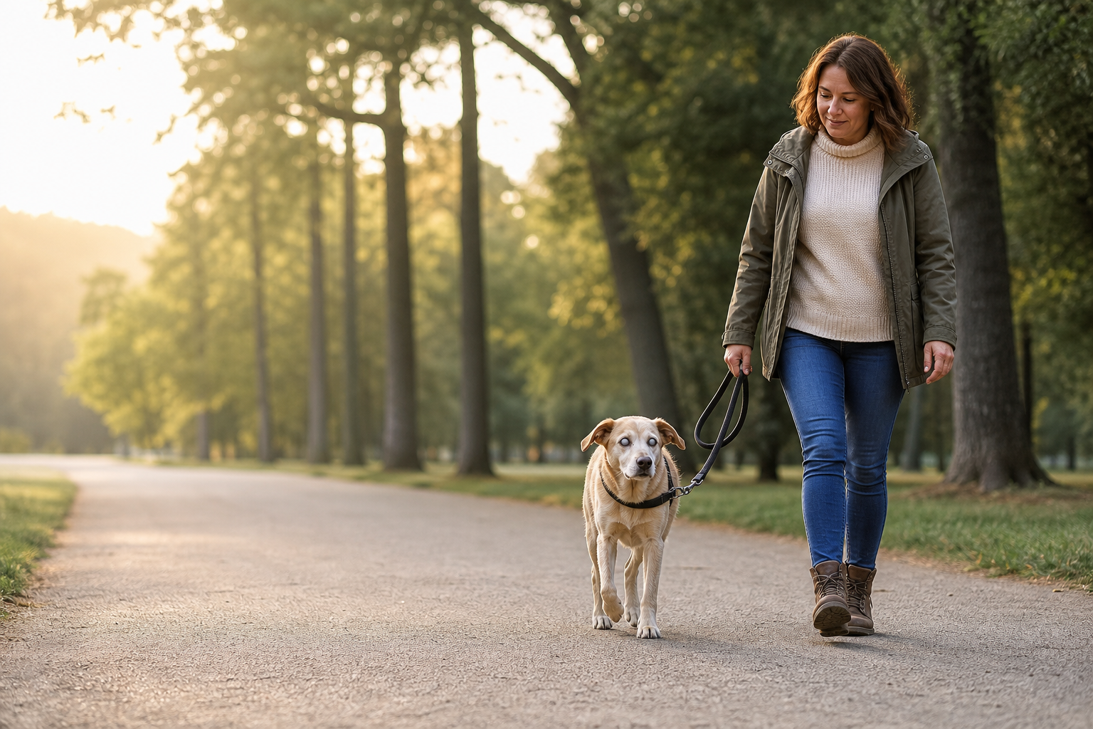 Blinder Hund mit Halterin auf einem sicheren Weg im Park.