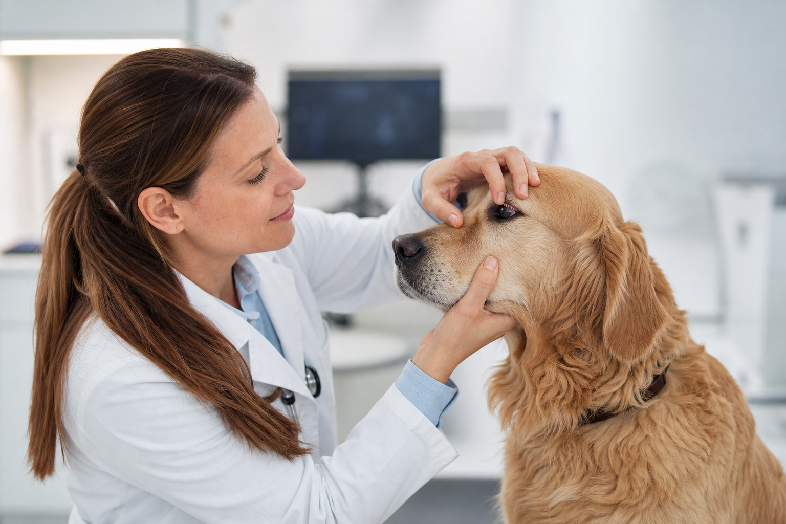 Tierarzt untersucht das Auge eines Hundes in einer Klinik.